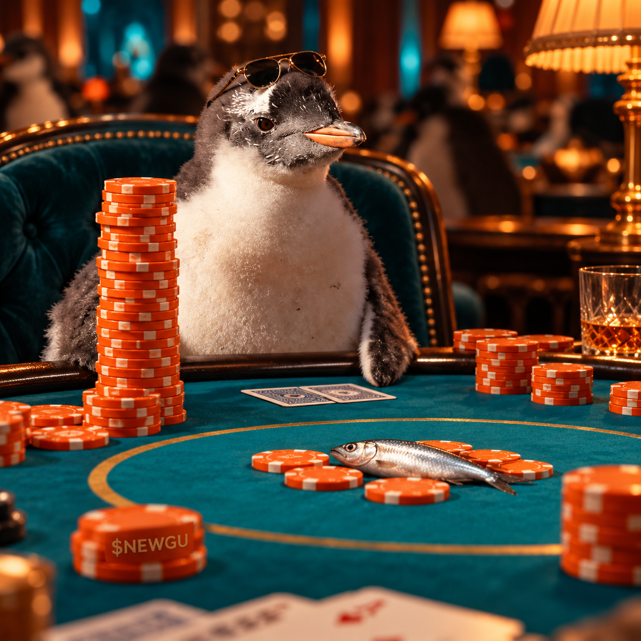 Photo edit of a real gentoo chick at a poker table
